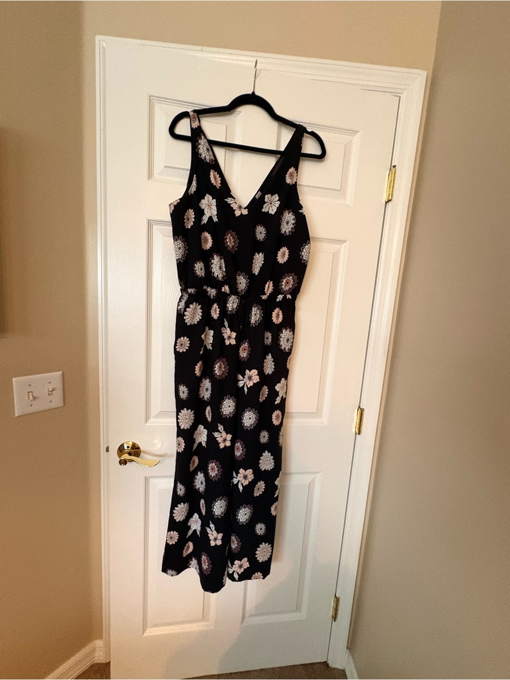 LOFT Black Floral V-Neck Sleeveless Wide-Leg Jumpsuit with Pink Cream Flowers